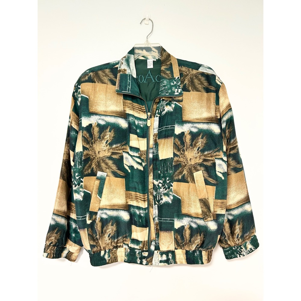 Vintage Coaco Silk Bomber Jacket Green‎ Tropical Palm Abstract Print Mens Large